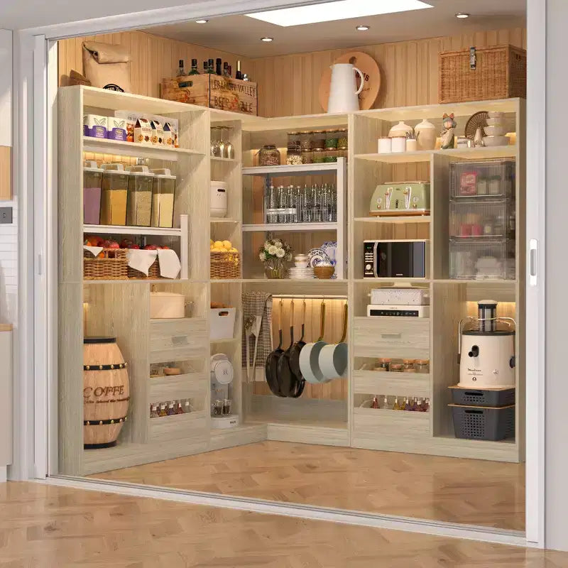 Besiost hoek-kastsysteem, set van 3, met hoge rekken en laden, vrijstaande kastorganizer met kledingroedes