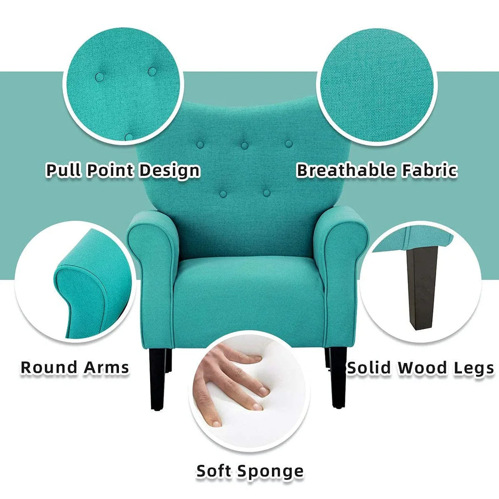 Fauteuil d’appoint moderne Erommy à dossier haut, fauteuil une place en tissu rembourré avec boutons et pieds en bois, pour salon