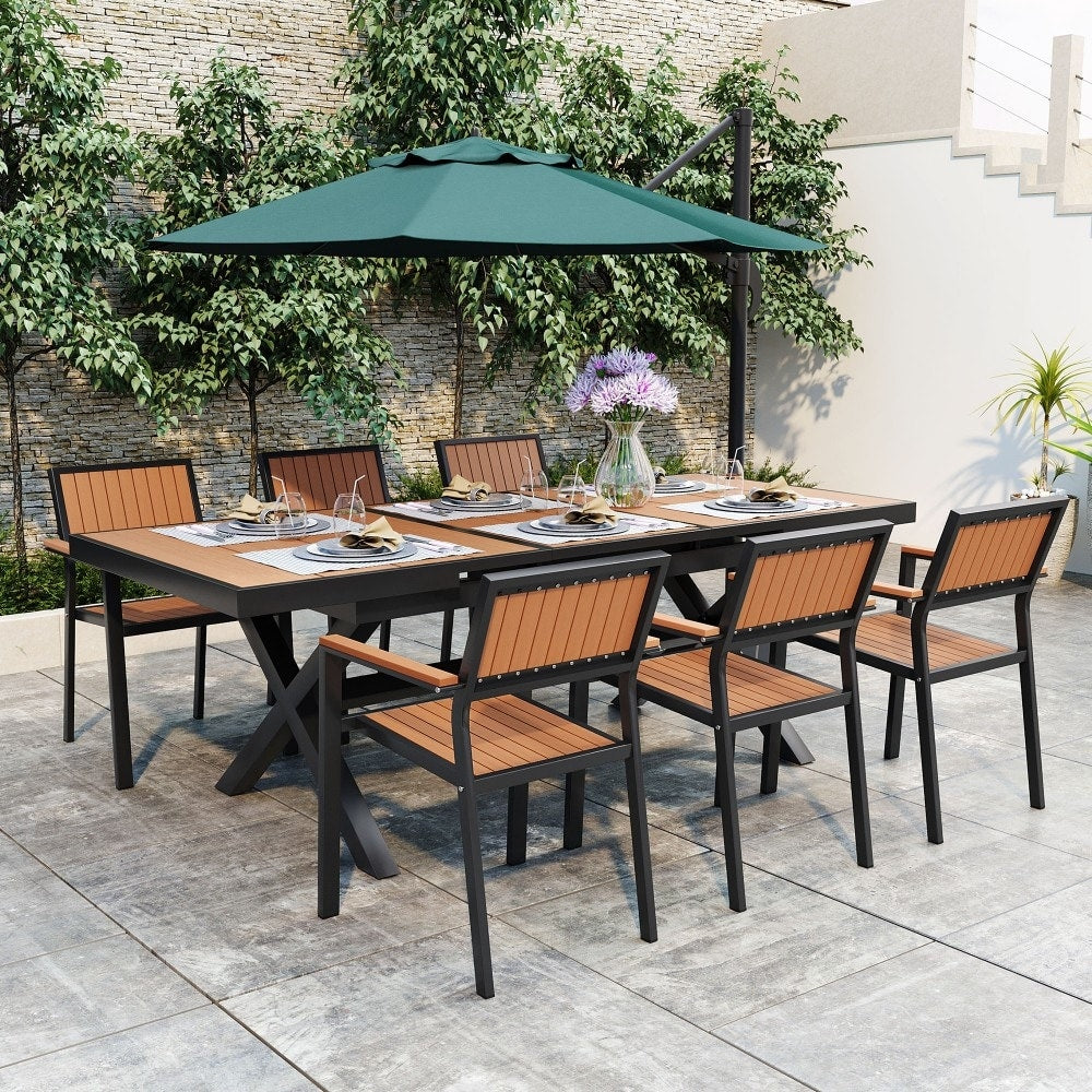 Modernes 7-teiliges Gartenmöbelset mit sechs Stühlen und ausziehbarem Tisch für die Terrasse