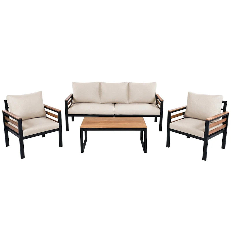 4-teiliges Outdoor-Sofaset für 5 Personen mit Couchtisch aus Massivholz und abnehmbaren Kissen