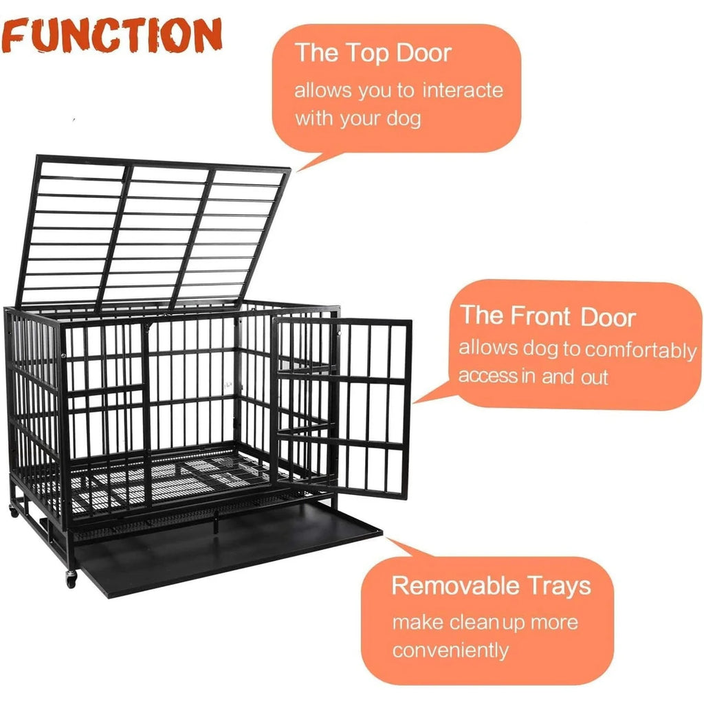 BOSSIN 48/38 inch Heavy Duty Indestructible Dog Crate, Escape Proof Dog Cage Kennel with Lockable Wheels
