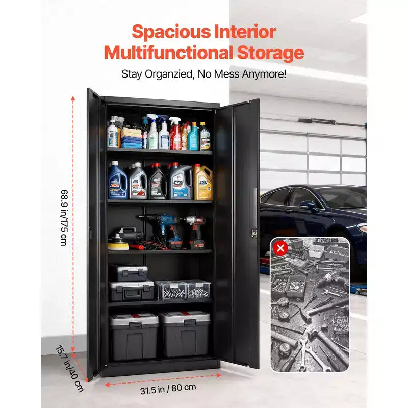 Armoire de rangement métallique VEVOR, armoire de garage verrouillable en acier de 68.9 in avec 4 étagères réglables, 2 portes magnétiques, 2 clés, 5 niveaux de rangement pour outils, noire