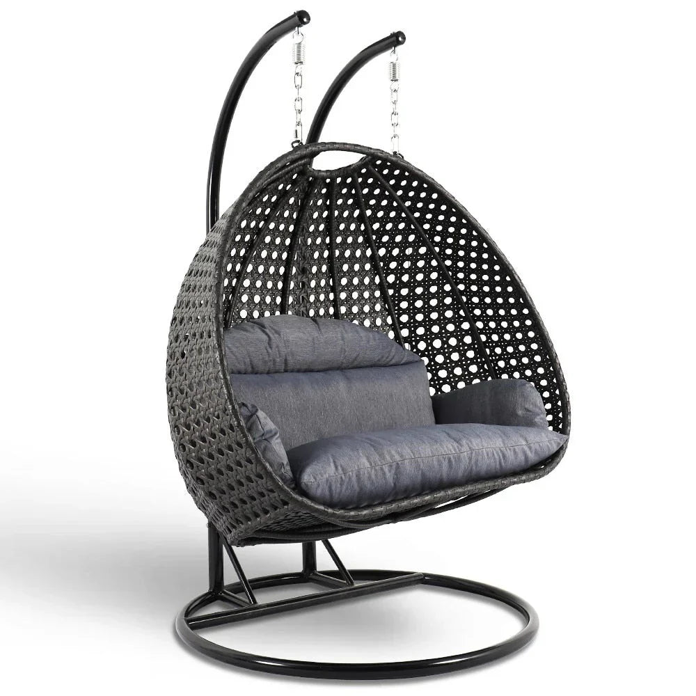 Fauteuil œuf suspendu 2 places LeisureMod avec support - fauteuil hamac balançoire de patio en osier de rotin pour l’extérieur et l’intérieur, avec coussins