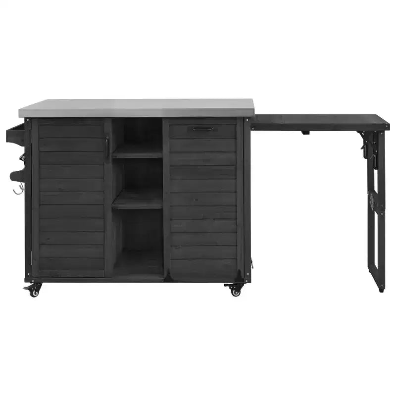Buitenkeukeneiland van 78.3 inch met roestvrijstalen werkblad, opvouwbaar BBQ-station en opbergkasten, zwart