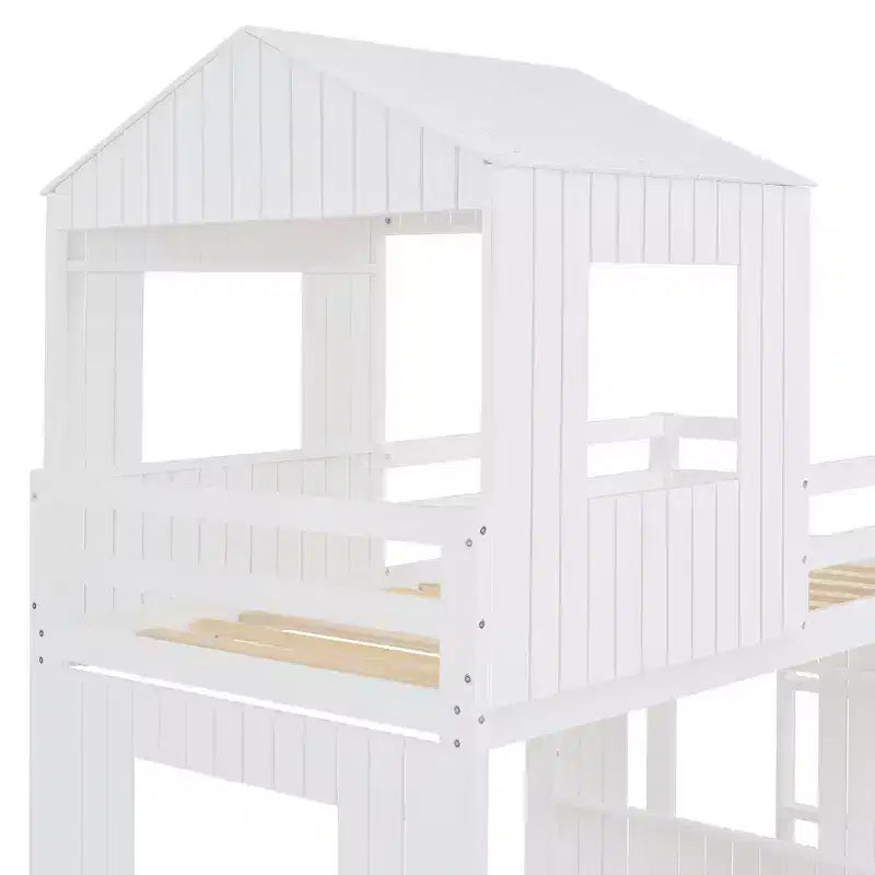 Lit superposé en bois Luxystar, couchage supérieur 1 place et inférieur 2 places, avec maisonnette, toboggan et barrières de sécurité