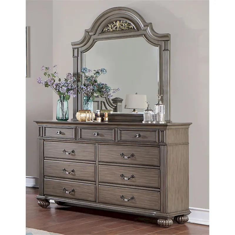 Traditionele Vame-set van 2 meubels: ladekast met 9 laden en spiegel, van Furniture of America