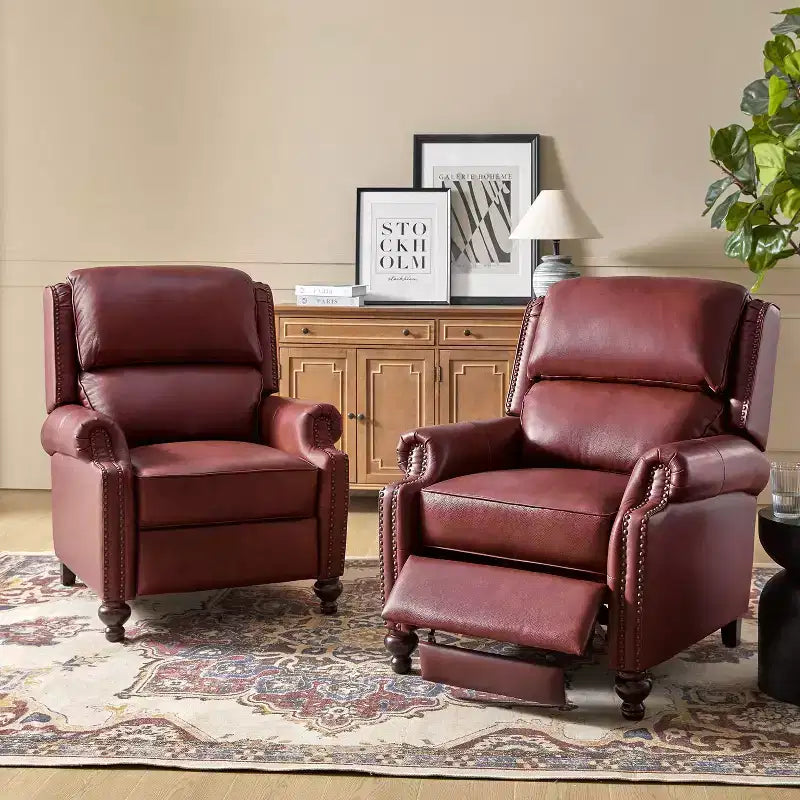 2er-Set moderner Ohrensessel aus Echtleder Elisabete mit Vintage-Nagelkopfverzierung für Wohnzimmer und Schlafzimmer| ART OF LIVING DESIGNS
