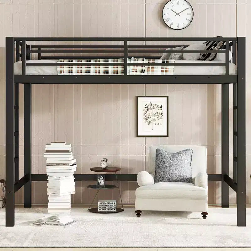 Metalen hoogslaper, ruimtebesparend bedframe met dubbele ladders en veiligheidsleuningen, zwart - ModernLuxe