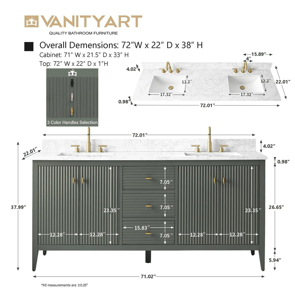 Vanity Art 72 Double Sink Bathroom Vanity Cabinet with Engineered Marble Top