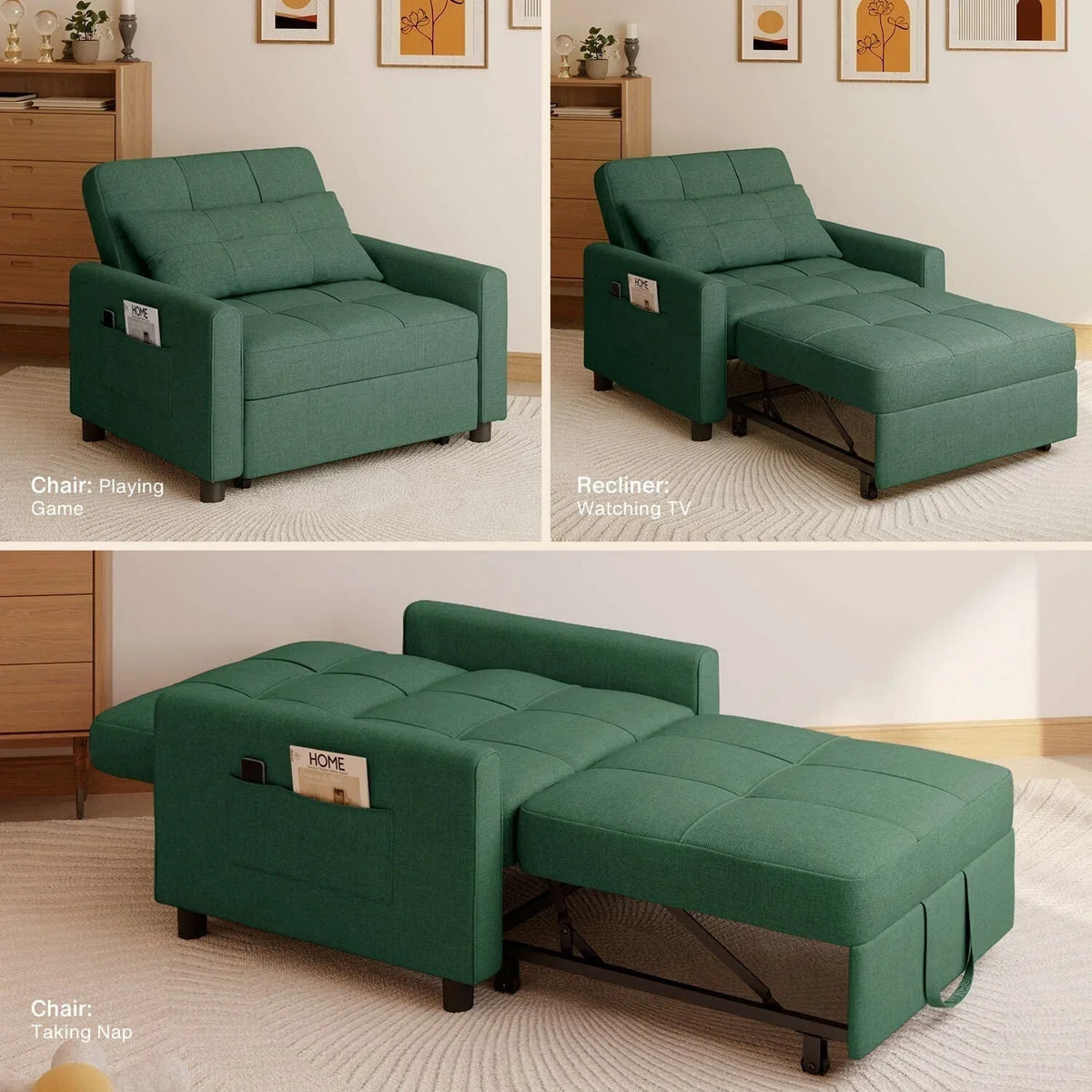 3-in-1-Schlafsofa mit verstellbarer Liegefläche, ausziehbares Sesselsofa, umwandelbares Klappbett fürs Wohnzimmer