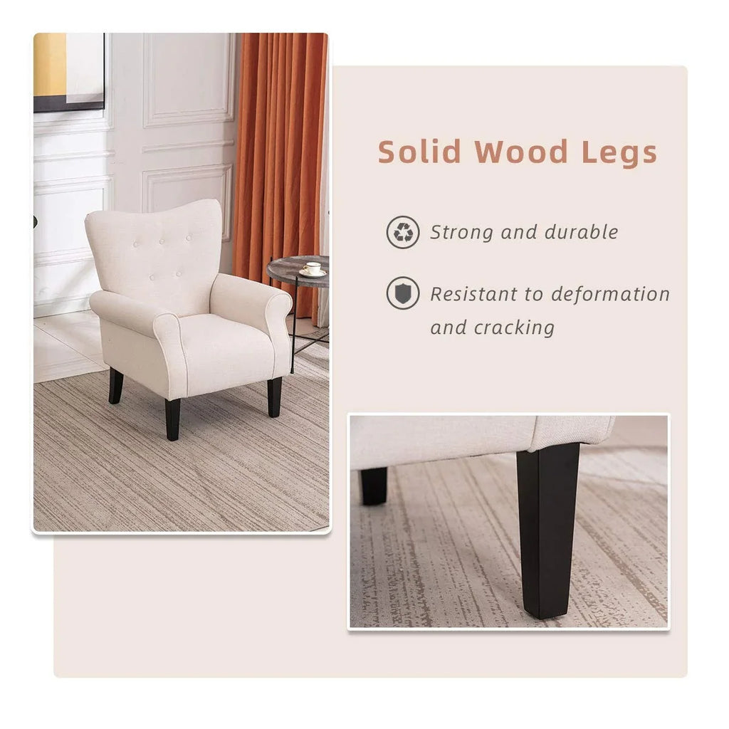 Fauteuil d’appoint moderne Erommy à dossier haut, fauteuil une place en tissu rembourré avec boutons et pieds en bois, pour salon