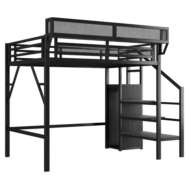 Okak Hochbett für Einzelbettmatratze mit Kleiderschrank, 94 Zoll, mit Ablagefächern und Korb, Bettgestell für Schlafzimmer und Wohnheim