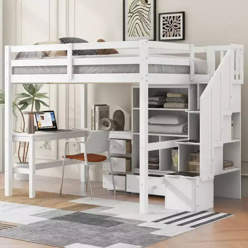 Hochbett in Einzelbettgröße mit L-förmigem Schreibtisch, 3 Schubladen, Schrank und Stauraum in der Treppe, Konstruktion aus massivem Kiefernholz/MDF