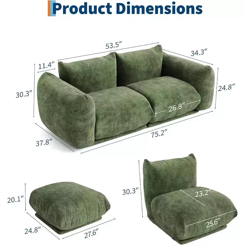 Modulaire loveseat van chenillestof, 2-persoons wolkbank met zeer veerkrachtig schuim, compacte bank zonder frame