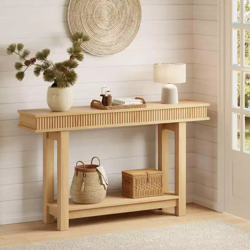 Landelijke consoletafel van gefreesd hout, 2 niveaus met opbergruimte op de plank, rechthoekige smalle haltafel voor achter de bank, voor de entree, gang of woonkamer
