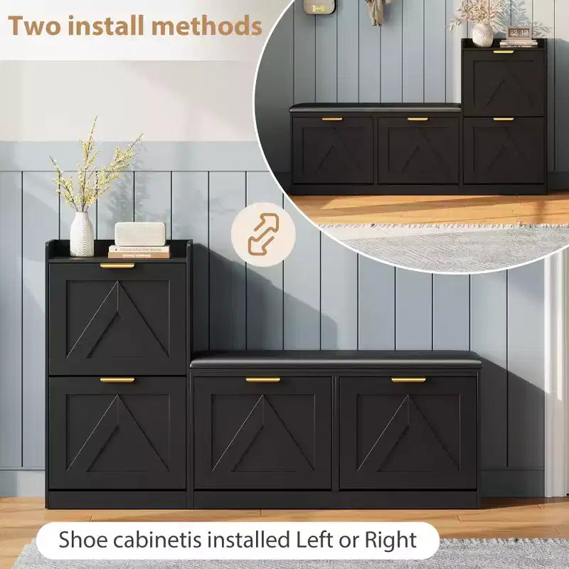 Meuble à chaussures style farmhouse avec banc, 4 tiroirs basculants pour l’entrée, organisateur de rangement avec assise rembourrée confortable, banc porte-chaussures autoportant