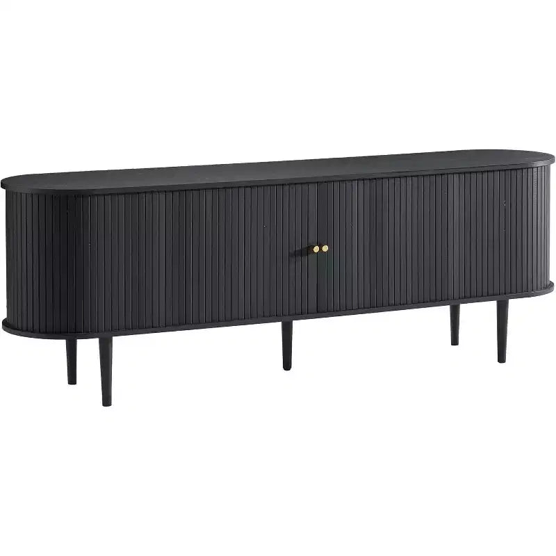 AMERLIFE 70-Zoll-TV-Ständer mit Massivholzbeinen, moderne TV-Konsole im Mid-Century-Stil mit Lamellentür