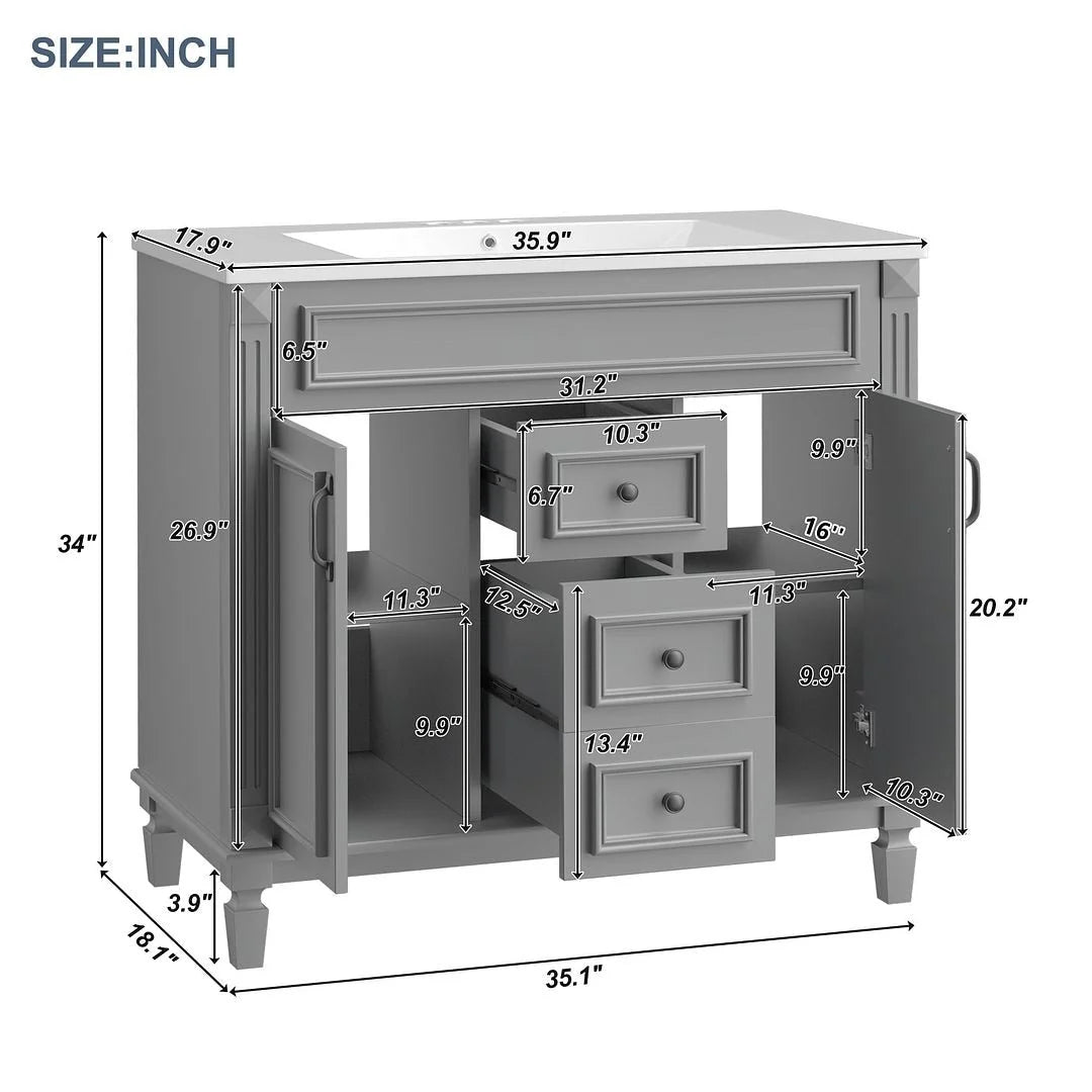 36'' Modern Bathroom Vanity with Top Sink and Mirror Cabinet,2 Doors and 2 Drawers