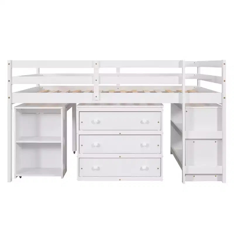 Niedriges Hochbett in voller Größe mit Rolltisch, 3 Schubladen und Regalen