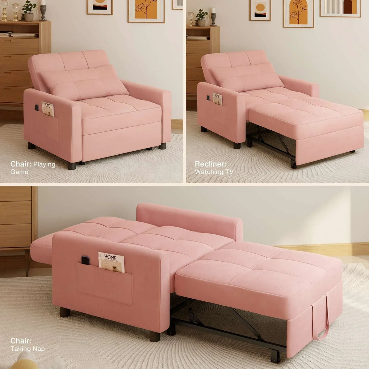 3-in-1-Schlafsofa mit verstellbarer Liegefläche, ausziehbares Sesselsofa, umwandelbares Klappbett fürs Wohnzimmer
