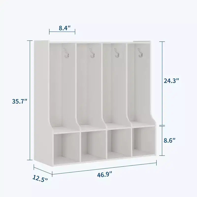 Bruin/witte locker met 4 vakken en 8 haken, voor kinderen