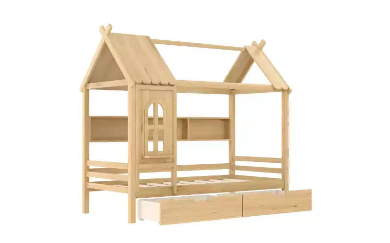 Hausbett mit Stauraumschubladen und Fenster, Massivholzrahmen mit Regalen, kindgerechtes verspieltes Design, hellweiß