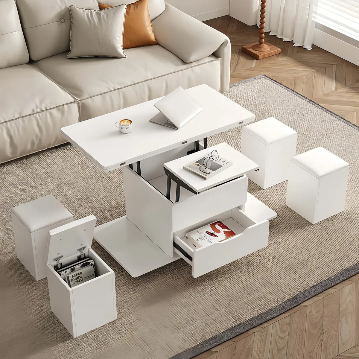 Table basse pliable à plateau relevable avec 4 tabourets et rangement