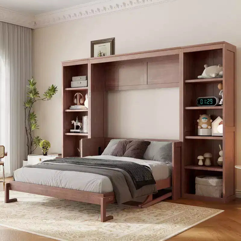 Murphy-Bett in Full-/Queen-Size, platzsparendes Wandbett mit Schreibtisch und Bücherregal, Dunkelbraun - ModernLuxe