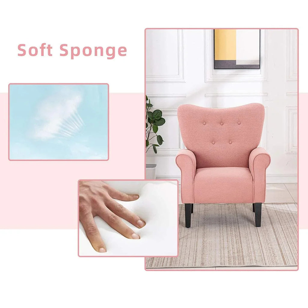 Fauteuil d’appoint moderne Erommy à dossier haut, fauteuil une place en tissu rembourré avec boutons et pieds en bois, pour salon