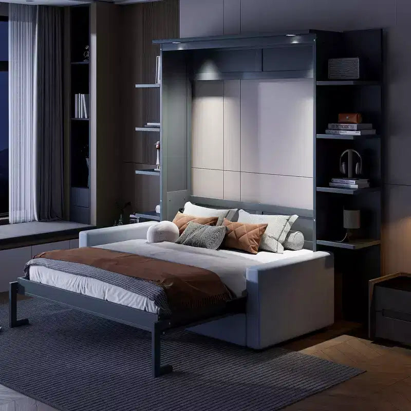 Queen-Murphy-Bett mit Sofa, Schrankbett in Queen-Size zum Zusammenklappen mit Bücherregal und Regalen für Gästezimmer oder Büro