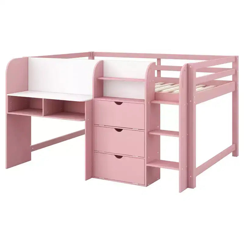 Roze/witte lage hoogslaper met bureau, opbergruimte en whiteboard ?C eenpersoonsbed, 1 persoon