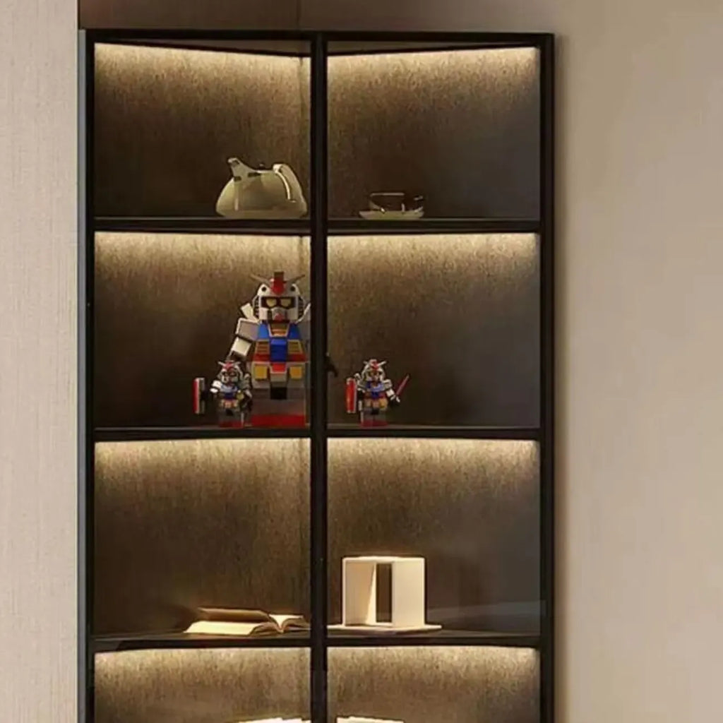 Moderner grauer Eckvitrinenschrank aus Metall und Holz mit Glastür
