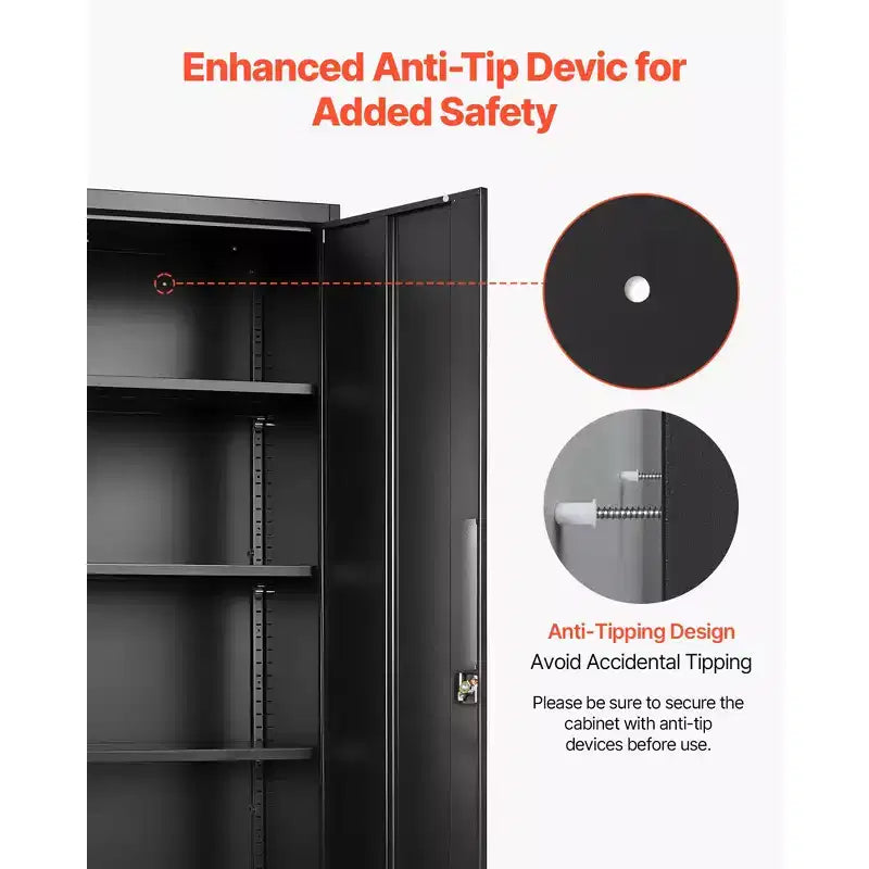 Armoire de rangement métallique VEVOR, armoire de garage verrouillable en acier de 68.9 in avec 4 étagères réglables, 2 portes magnétiques, 2 clés, 5 niveaux de rangement pour outils, noire