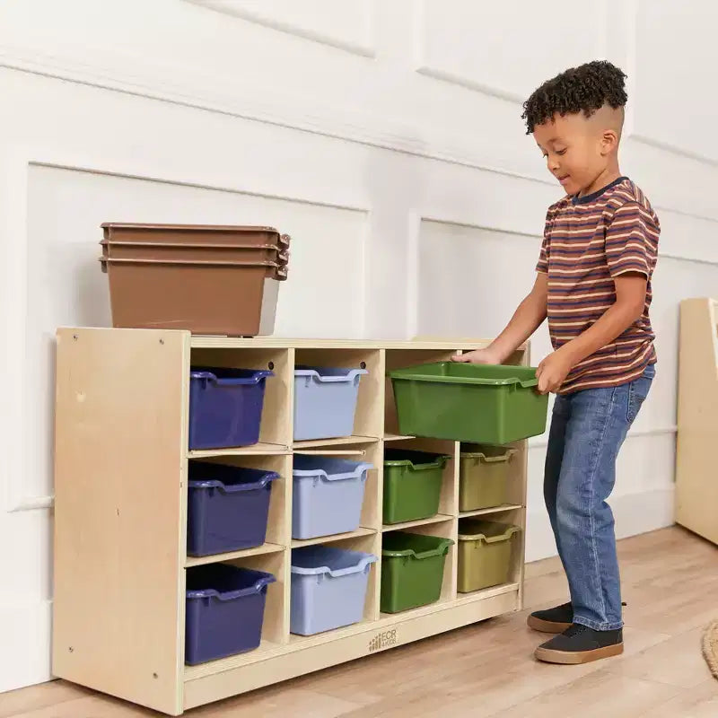 Meuble mobile à casiers avec plateau et 15 bacs à façade incurvée, 3x4, mobilier pour enfants