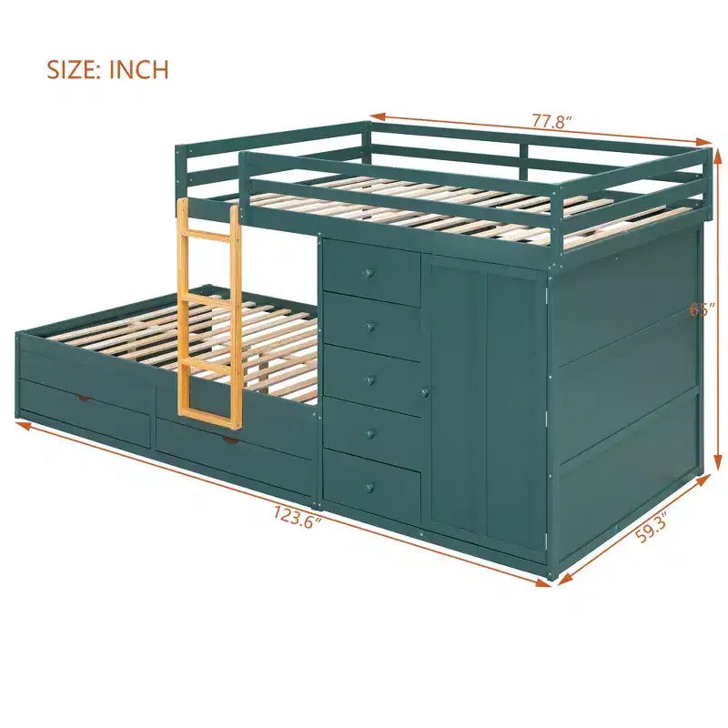 Stapelbed met twee tweepersoonsbedden, opbergkast en laden, houten stapelbed in tweepersoonsformaat met ruimtebesparend ontwerp en veiligheidsreling voor appartement en slaapkamer