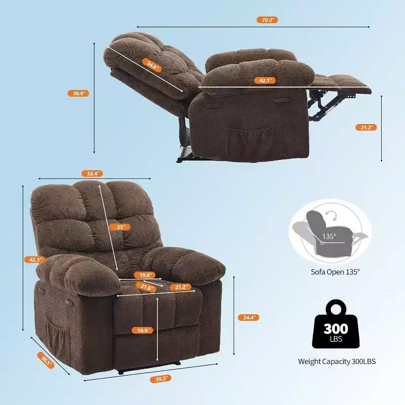 Handmatige relaxfauteuil, ergonomische relaxfauteuil van ademende stof met zijvakken, eenpersoonsbank, geschikt voor de woonkamer en slaapkamer