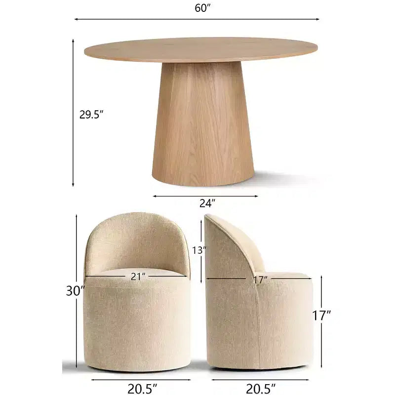 Ensemble de salle à manger moderne pour 6 personnes, table ronde à piètement central, fauteuils pivotants en forme de tonneau à roulettes, chenille texturée - Panipeachy