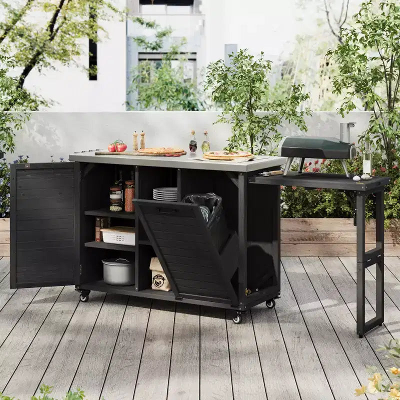 Buitenkeukeneiland van 78.3 inch met roestvrijstalen werkblad, opvouwbaar BBQ-station en opbergkasten, zwart