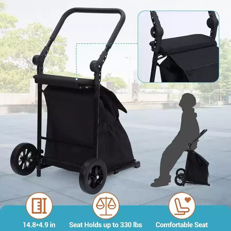 Acekool 2-in-1 opvouwbare steekwagen met afneembare waterdichte tas, dik zitkussen en verstelbare antisliphandgreep, zwart