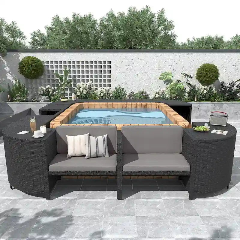 Spa-Umrandung, quadratisches Outdoor-Rattan-Ecksofa-Set mit Spa-Gestell