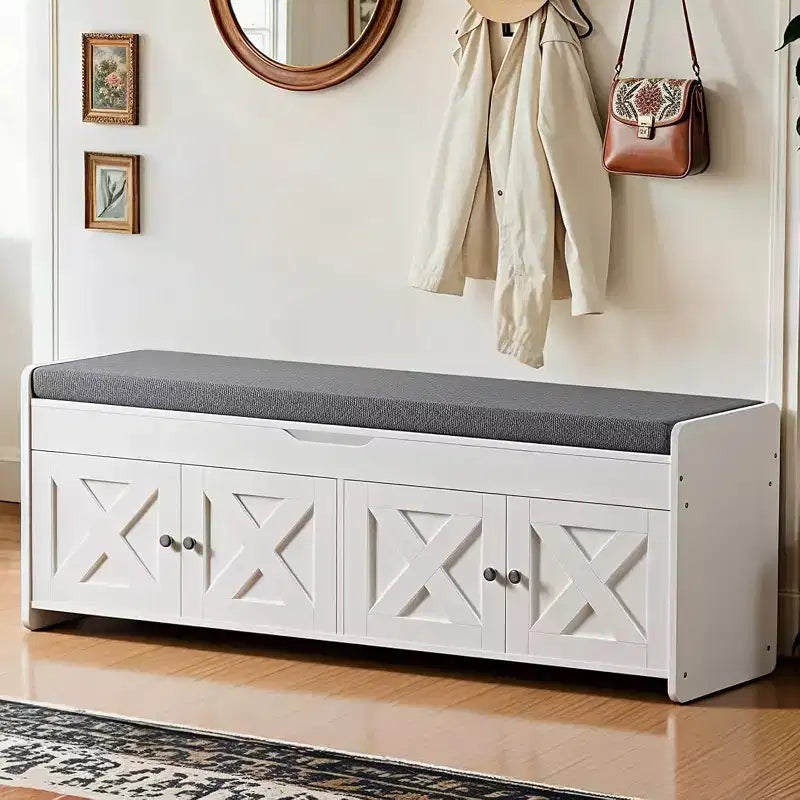 Schoenenbank, 47.2 In lange halbank met gewatteerde zitting, opbergruimte met klep, 4 deuren, draagvermogen van 300 lbs, bank met schoenenrek voor de hal