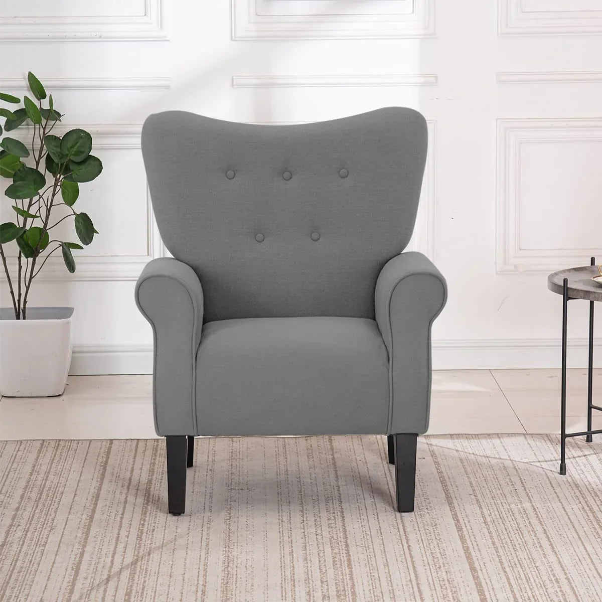 Fauteuil d’appoint moderne Erommy à dossier haut, fauteuil une place en tissu rembourré avec boutons et pieds en bois, pour salon