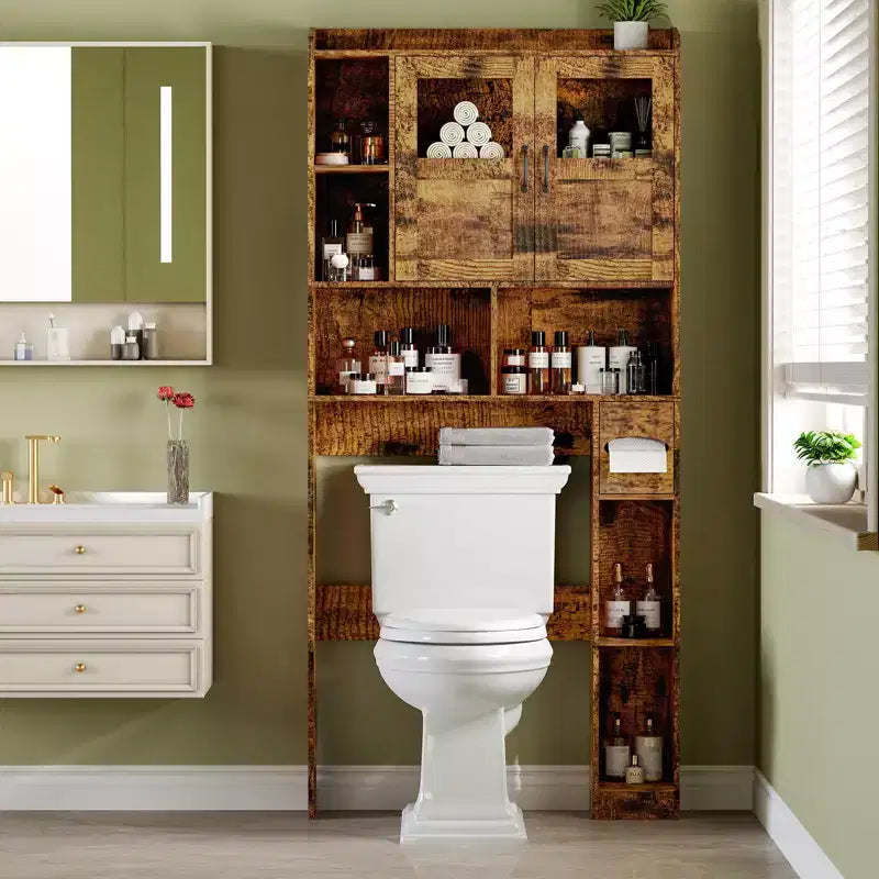 Opbergkast boven het toilet - 67.4 H badkameropbergmeubel in landelijke stijl met verstelbare plank en glazen deur voor badkamer en wasruimte
