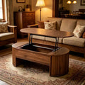 47.2 Couchtisch mit hochklappbarer Tischplatte und verstecktem Fach, oval, braun