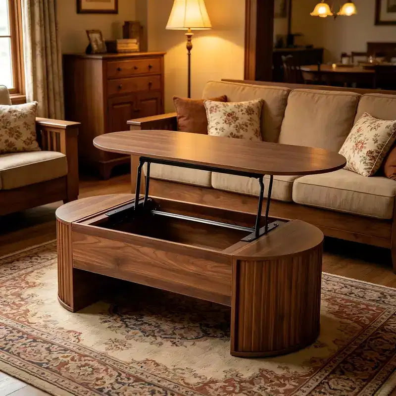 47.2 Couchtisch mit hochklappbarer Tischplatte und verstecktem Fach, oval, braun