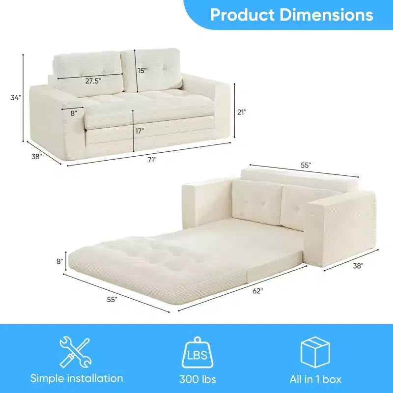 Canapé-lit futon convertible 2-en-1 Mjkone de 71', en tissu côtelé, pliable et capitonné avec boutons, canapé-lit deux places gain de place