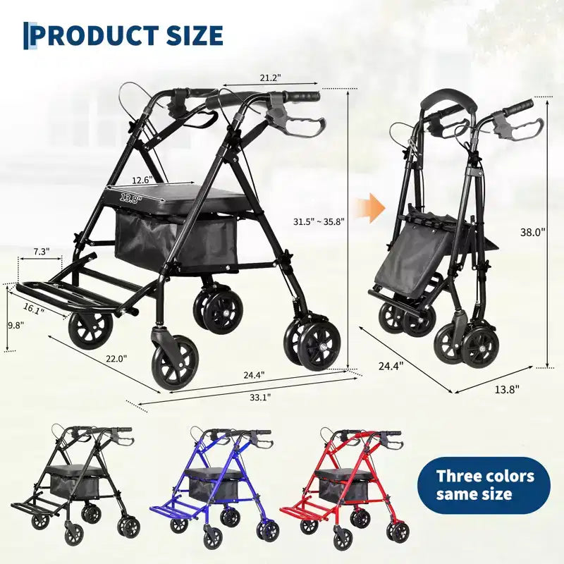 Fauteuil roulant pliable et portable pour adultes, capacité de 299lb, 6 roues, hauteur réglable, rangement sous l’assise, siège confortable et repose-pieds